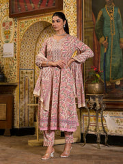 Floral Block Printed Cotton Kurta With Pants & Dupatta