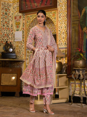 Floral Block Printed Cotton Kurta With Pants & Dupatta