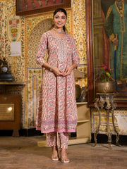 Floral Block Printed Cotton Kurta With Pants & Dupatta