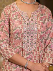 Floral Block Printed Cotton Kurta With Pants & Dupatta