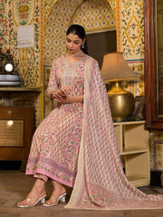 Floral Block Printed Cotton Kurta With Pants & Dupatta