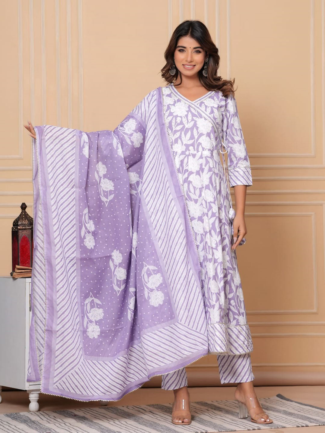Floral Printed Cotton Anarkali Kurta With Pants & Dupatta