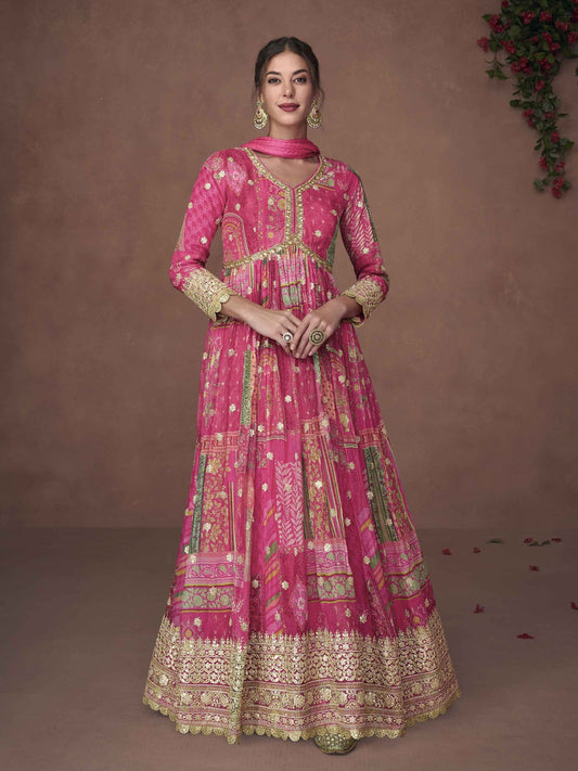 Embroidered Sequin Organza Kurta With Churidar And Dupatta