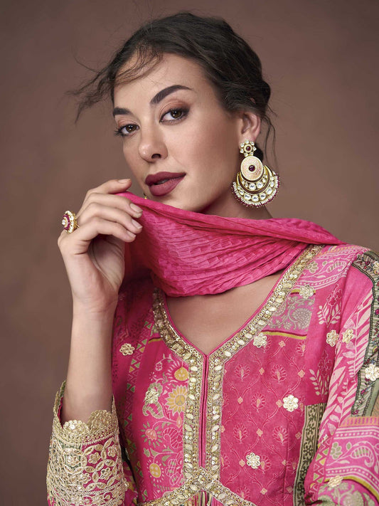 Embroidered Sequin Organza Kurta With Churidar And Dupatta