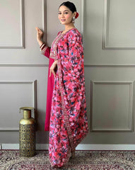 Neck Embroidery Cotton Blend Kurta With Pants & Dupatta