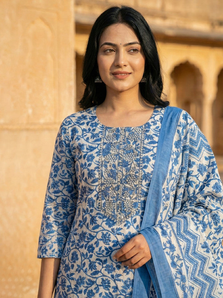 Blue Printed Cotton Blend Straight Suit Set With Dupatta