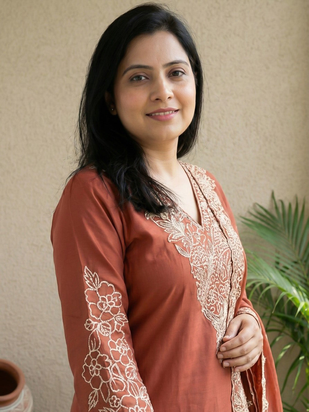 Peach Cotton Blend Printed Straight Suit Set