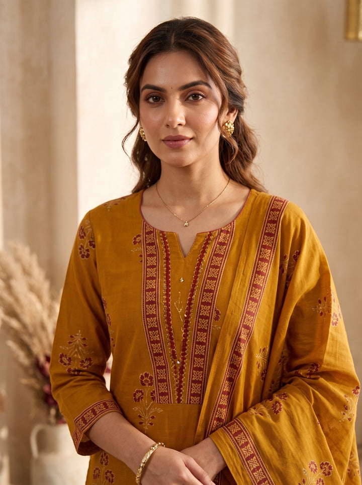 Mustard Printed Cotton Blend Kurta With Pant &amp; Dupatta