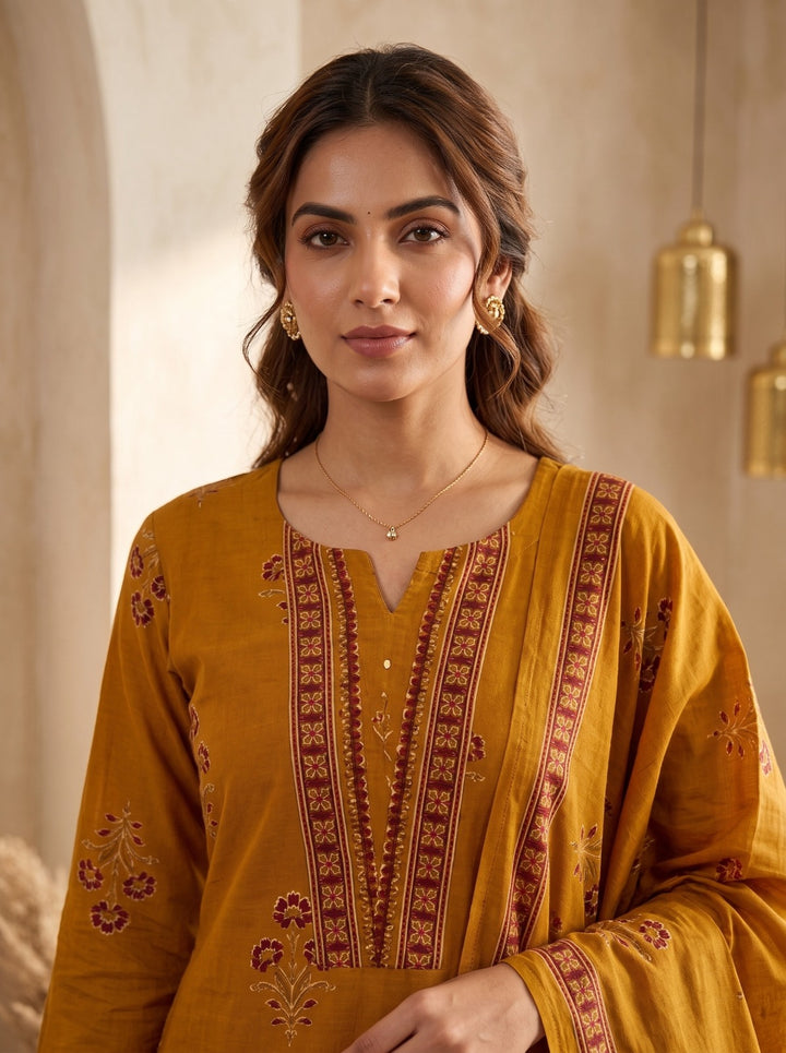 Mustard Printed Cotton Blend Kurta With Pant &amp; Dupatta