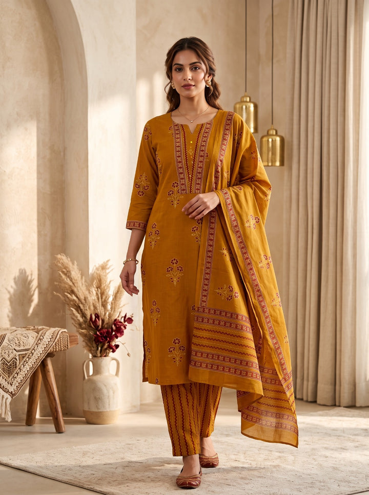 Mustard Printed Cotton Blend Kurta With Pant &amp; Dupatta