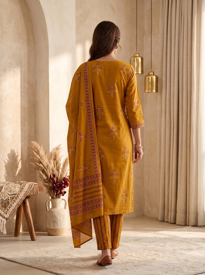 Mustard Printed Cotton Blend Kurta With Pant &amp; Dupatta