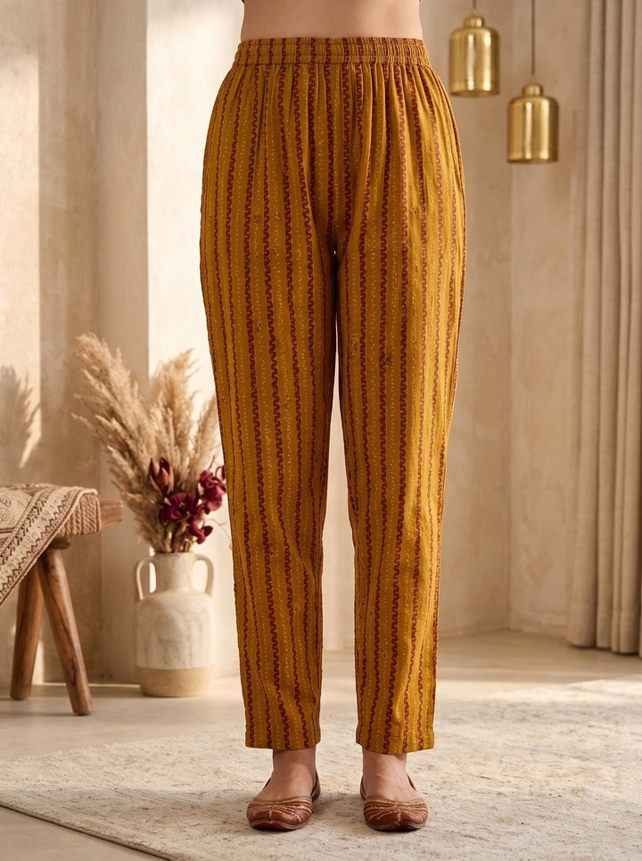 Mustard Printed Cotton Blend Kurta With Pant &amp; Dupatta