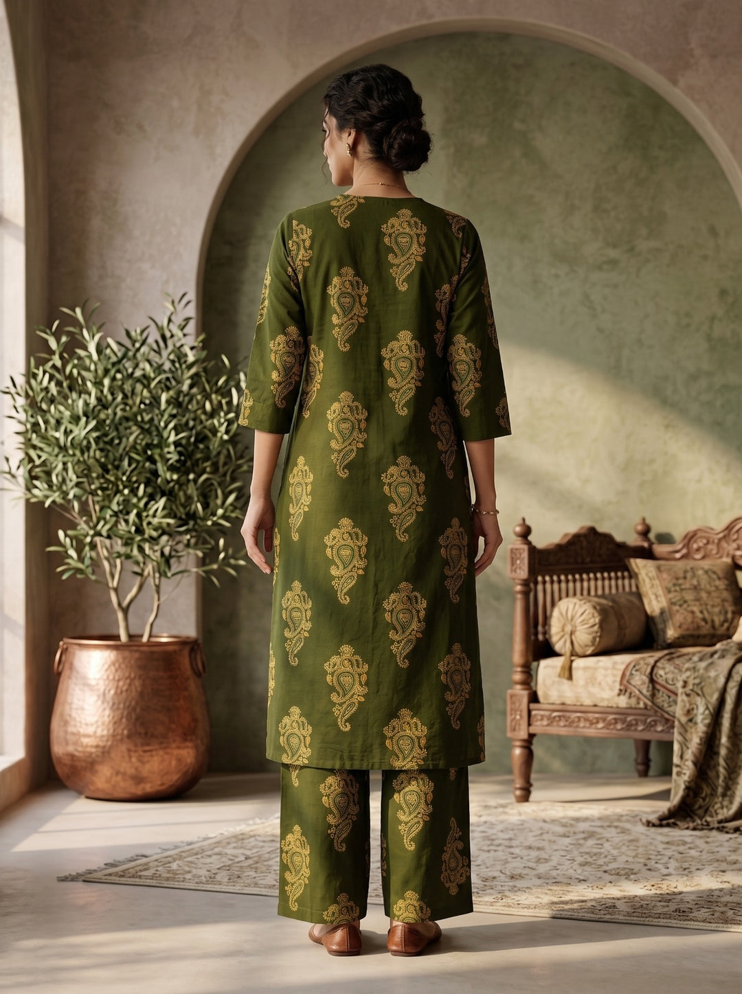 Green Printed Cotton Blend Kurta