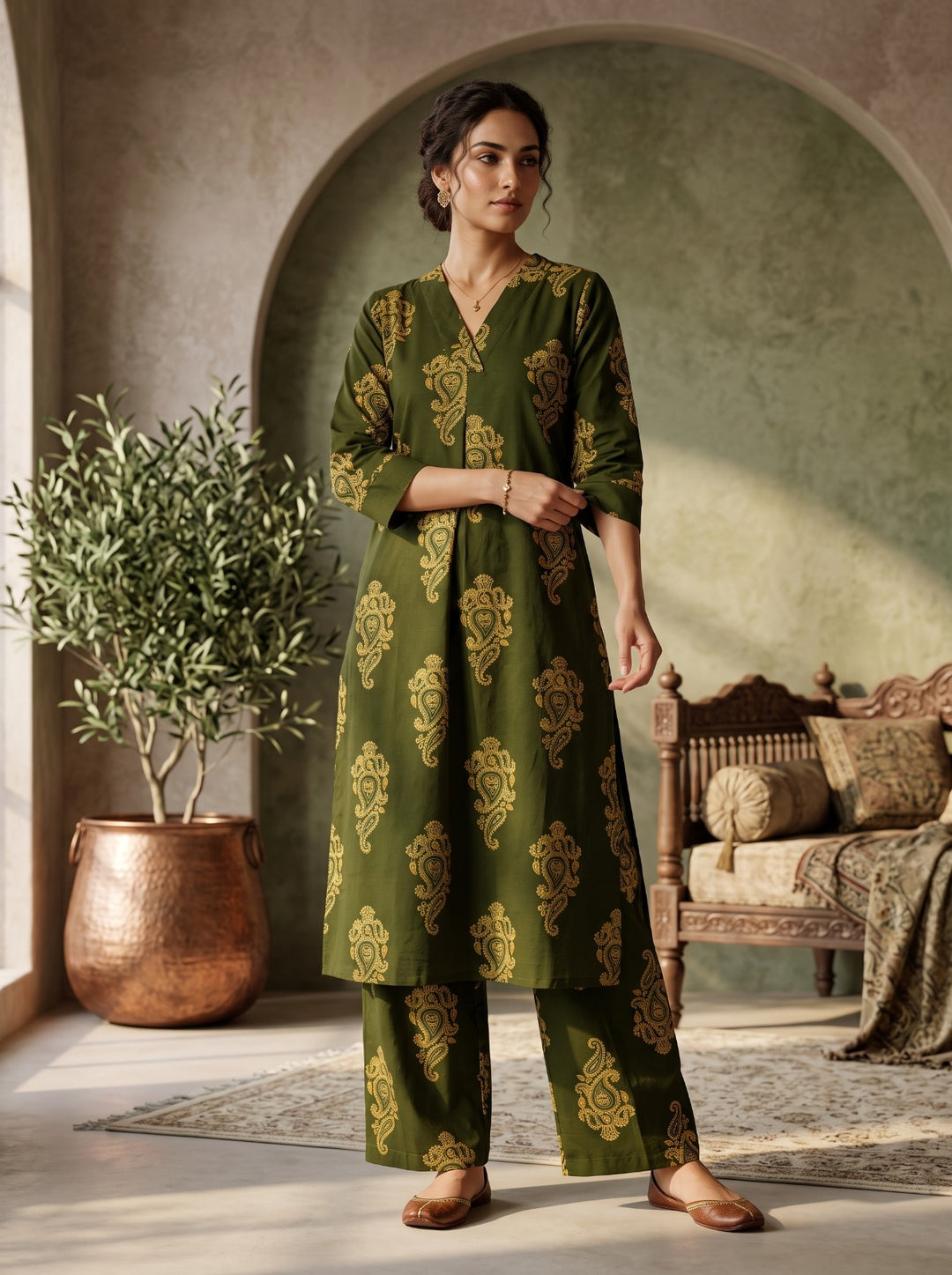 Green Printed Cotton Blend Kurta