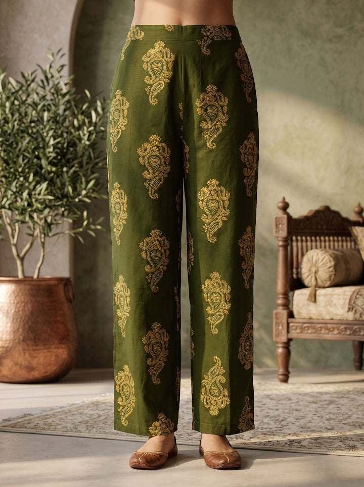 Green Printed Cotton Blend Kurta