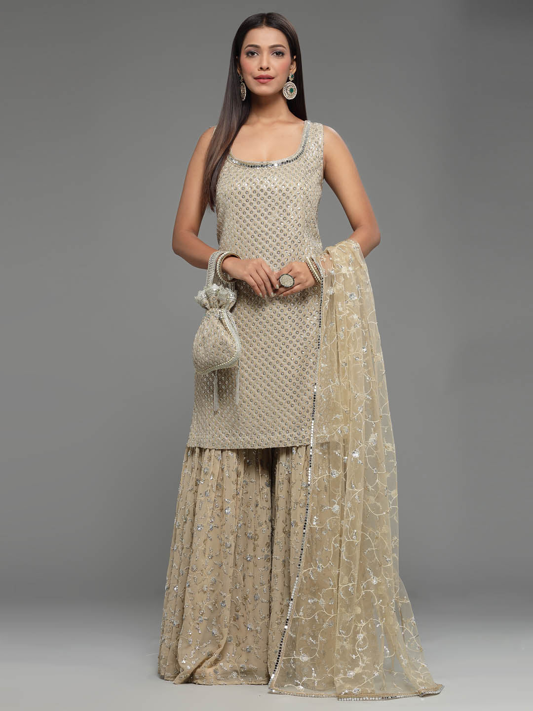 Sequin Embroidered Georgette Kurti With Sharara & Dupatta (Potli Not Included)