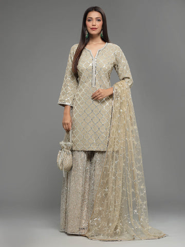 Embroidered Jaal Georgette Kurti With Garara & Dupatta (Potli Not Included)