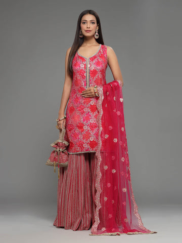 Floral Embroidered Georgette Kurti With Palazzo & Dupatta (Potli Not Included)