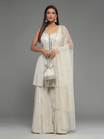 Sequin Embroidered Georgette Kurti With Palazzo & Dupatta (Potli Not Included)