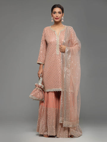 Sequin Embroidered Georgette Kurti With Garara & Dupatta (Potli Not Included)