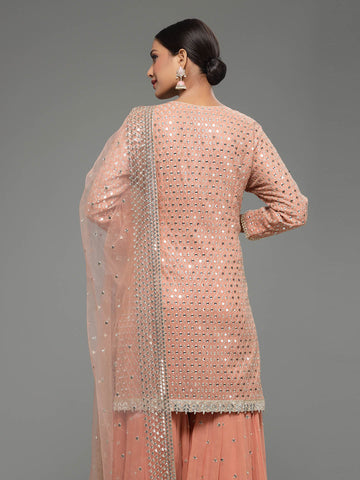 Sequin Embroidered Georgette Kurti With Garara & Dupatta (Potli Not Included)