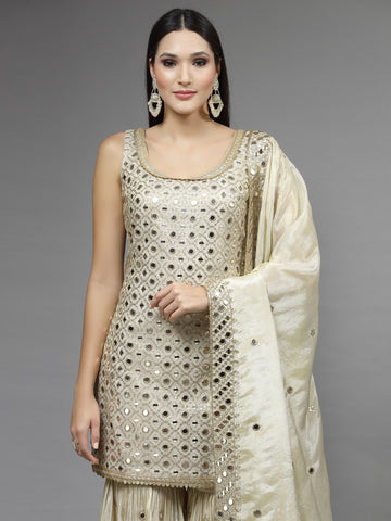 Mirror Embroidered Tissue Kurti With Garara & Dupatta