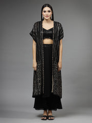 Sequin Embroidered Georgette Choli With Drape Skirt & Jacket