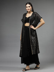 Sequin Embroidered Georgette Choli With Drape Skirt & Jacket