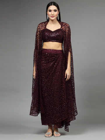Resham Embroidered Net Choli With Drape Skirt & Cape Jacket