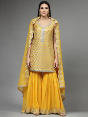 Mirror Embroidered Georgette Kurti With Sharara & Dupatta