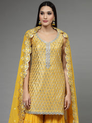 Mirror Embroidered Georgette Kurti With Sharara & Dupatta