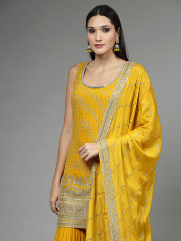 Sequin Embroidered Georgette Kurti With Sharara & Dupatta