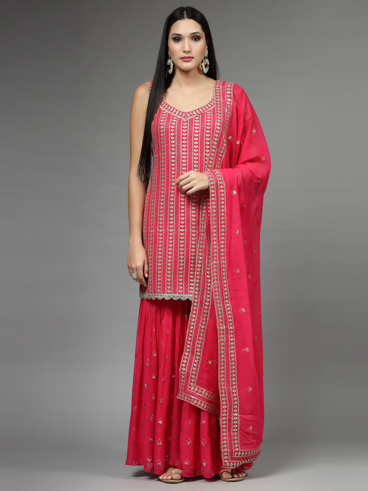 Zari Embroidered Georgette Kurti With Sharara & Dupatta