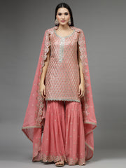 Mirror Embroidered Georgette Kurti With Sharara & Dupatta