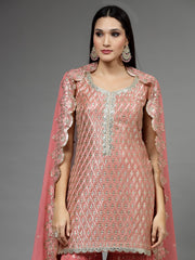 Mirror Embroidered Georgette Kurti With Sharara & Dupatta