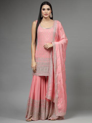 Sequin Embroidered Georgette Kurti With Sharara & Dupatta
