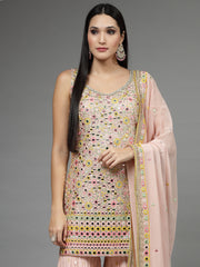 Mirror Embroidered Georgette Kurti With Garara & Dupatta