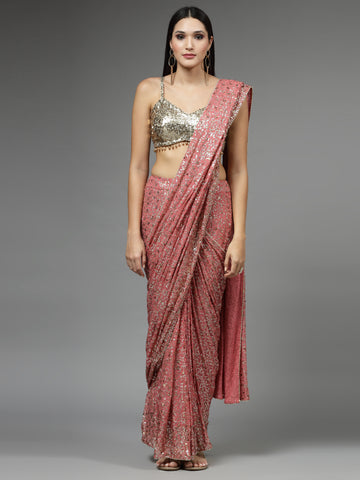 Sequin Embroidered Lycra Pre Draped Saree