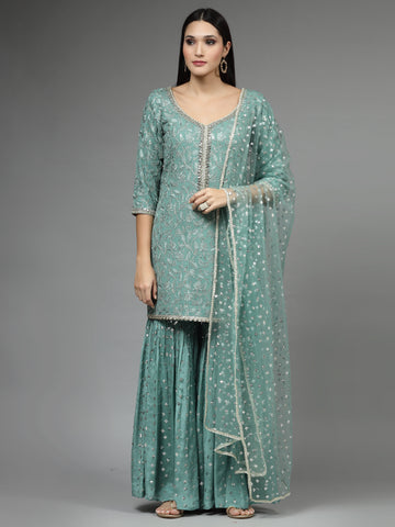 Zari Embroidered Georgette kurti With Garara & Dupatta