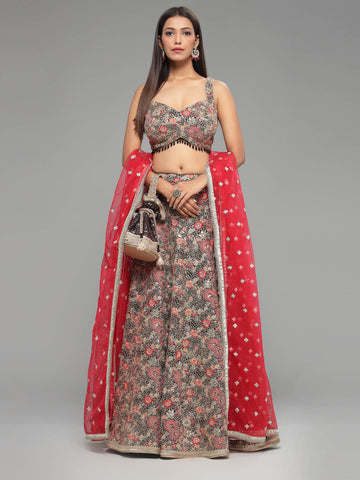 Embroidered Georgette Choli With Lehenga & Dupatta (Potli Not Included)
