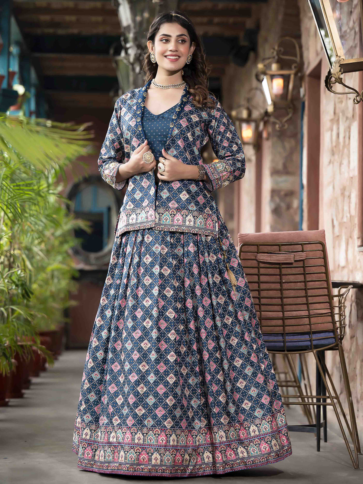 Digital Printed Art Silk Choli With Lehenga & Jacket