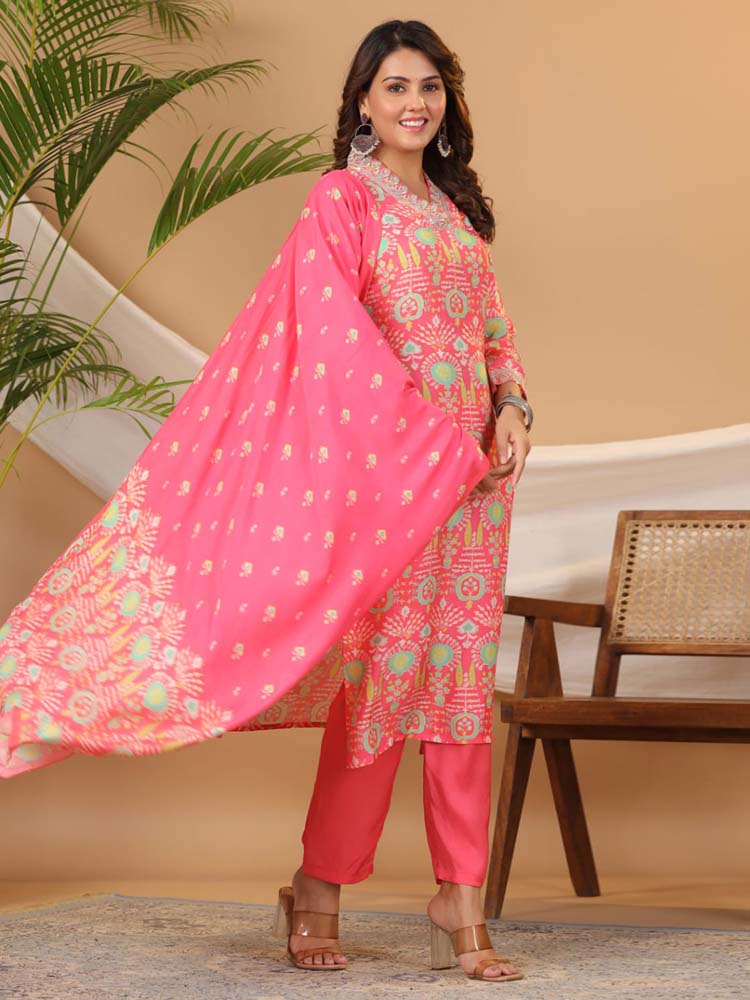 Floral Printed Muslin Kurta With Pants & Dupatta - Meena Bazaar