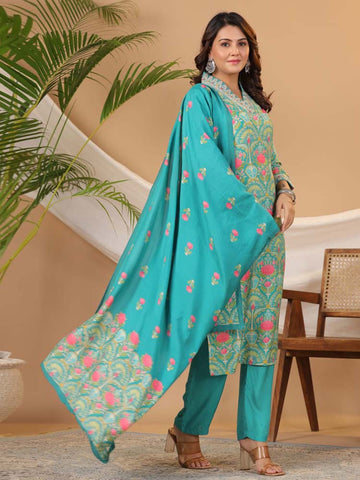 Floral Printed Muslin Kurta With Pants & Dupatta - Meena Bazaar