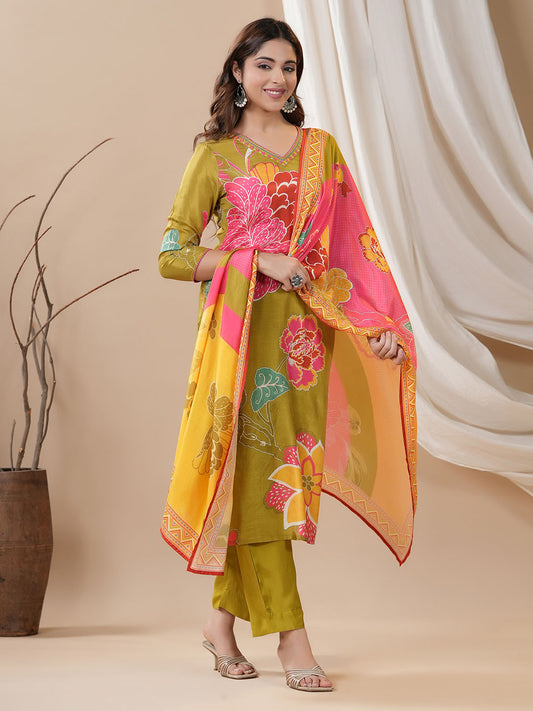 Floral Printed Cotton Kurta With Pants & Dupatta