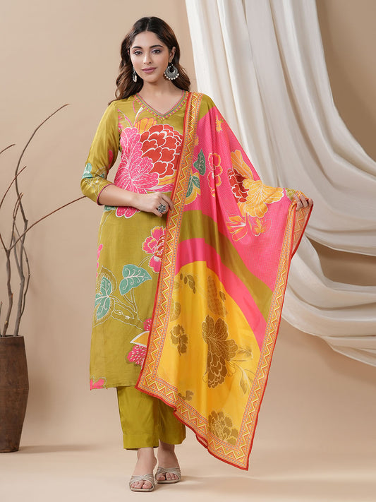 Floral Printed Cotton Kurta With Pants & Dupatta