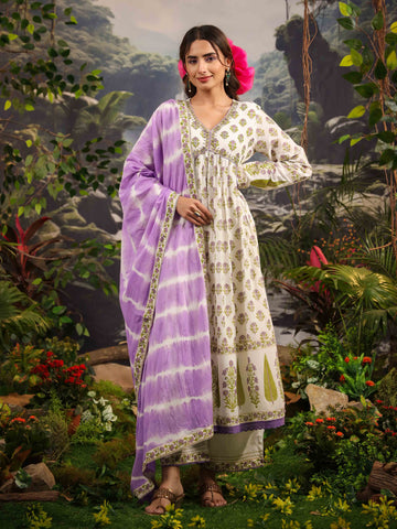 Floral Printed Cotton Kurta With Palazzo & Dupatta