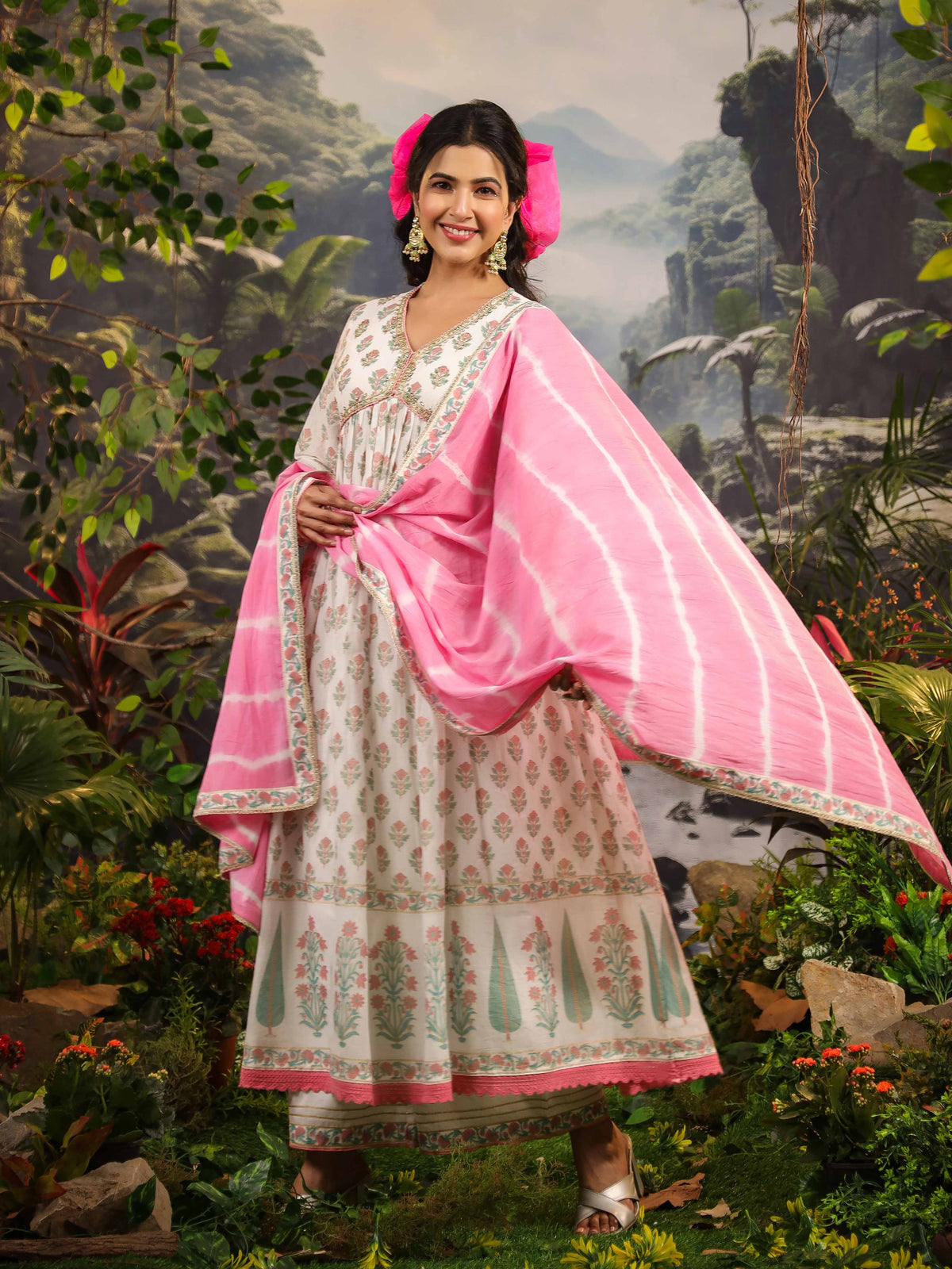 Floral Printed Cotton Kurta With Palazzo & Dupatta