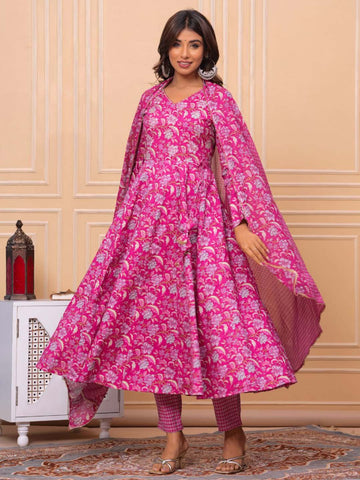 Floral Printed Cotton Suit Set with Dupatta