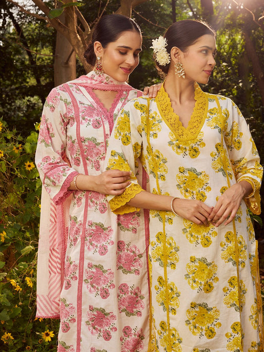Printed Cotton Kurta with Pant and Dupatta (Pack of 2)