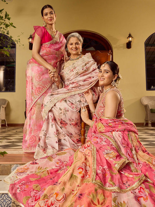 Stunning Printed Organza Sarees & Lehenga Set (Pack of 3)